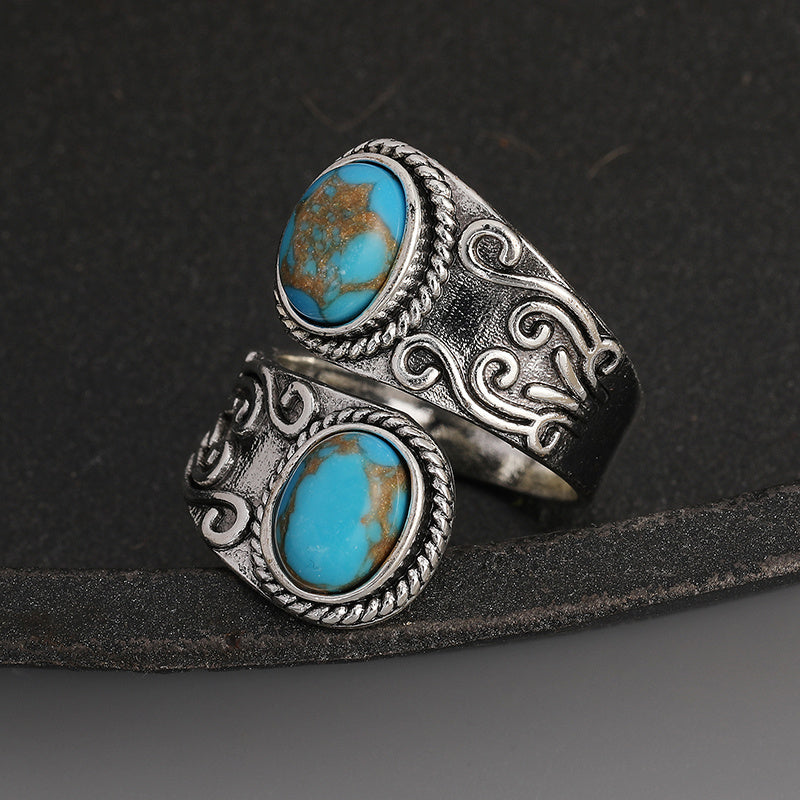 Vintage Silver Plated Wrap Ring - Delicate Carving Inlaid Turquoise Boho Style Jewelry