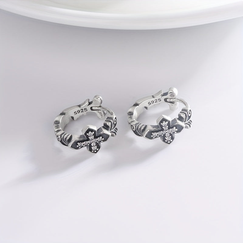 Sterling 925 Silver Shiny Zircon Inlaid Cross Pattern Hoop Earrings - Delicate Female Gift