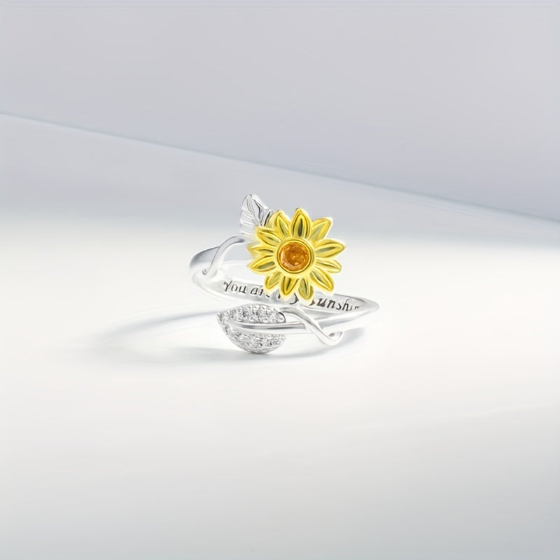 925 Sterling Silver Sunflower Wrap Ring - Silvery Leaf Inlaid Zircon Gift for Girls