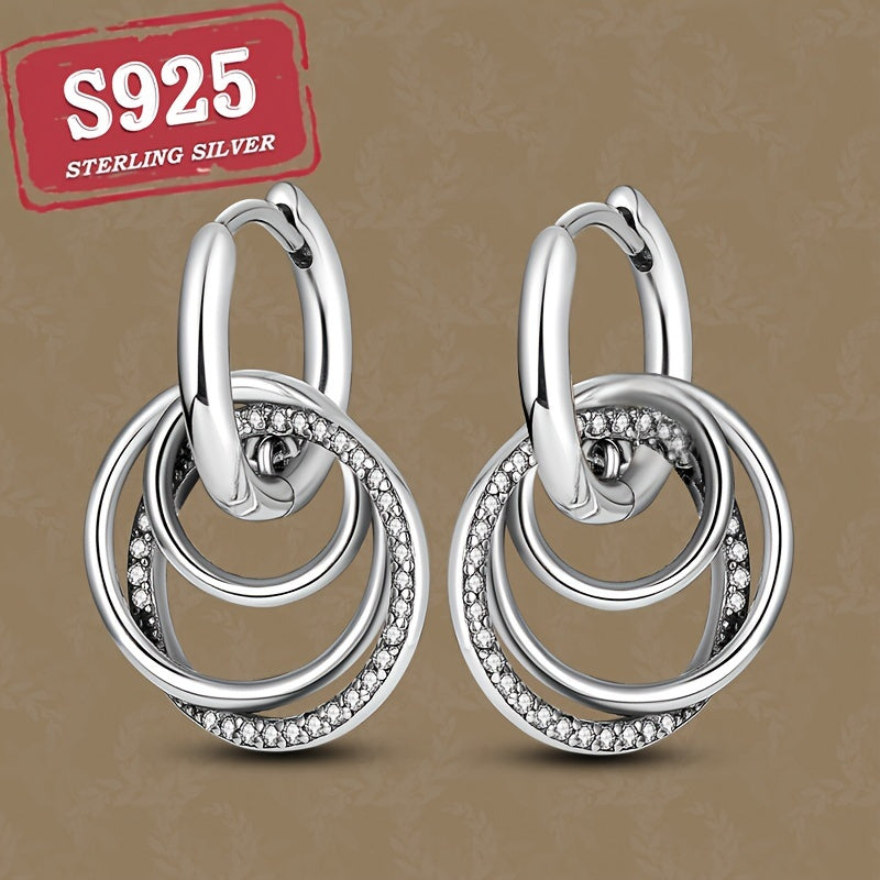 Exquisite 925 Sterling Silver Circle Pendant Hoop Earrings - Zircon Gift for Women