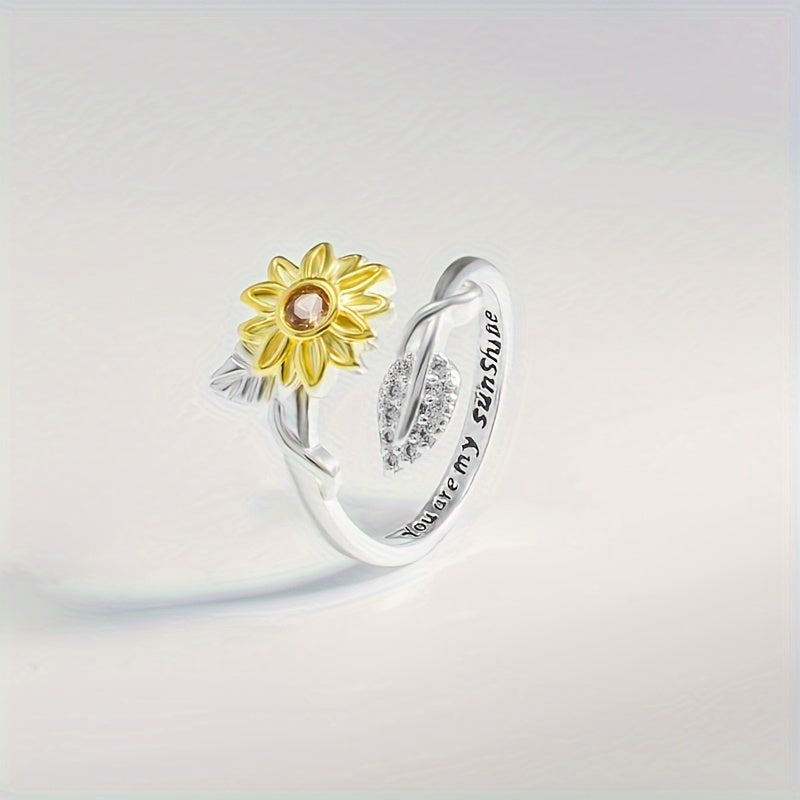925 Sterling Silver Sunflower Wrap Ring - Silvery Leaf Inlaid Zircon Gift for Girls
