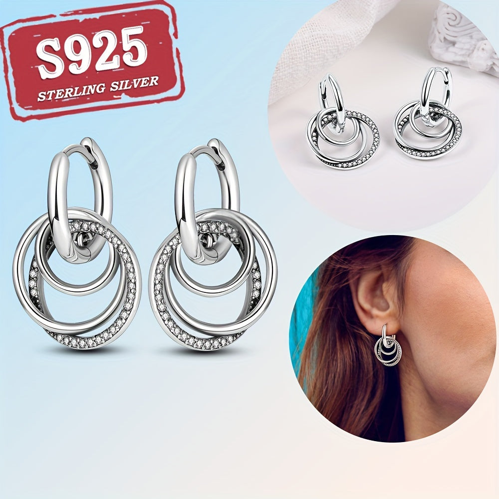Exquisite 925 Sterling Silver Circle Pendant Hoop Earrings - Zircon Gift for Women