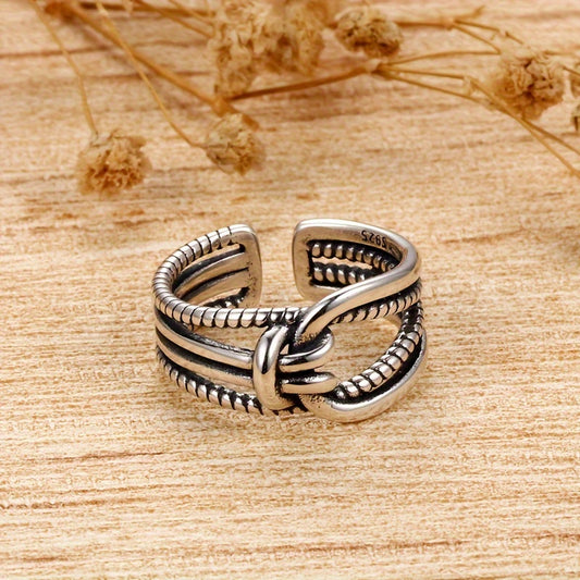 925 Sterling Silver Retro Knot Cuff Ring - 14k Gold Plated Daily Outfits Adjustable Ring