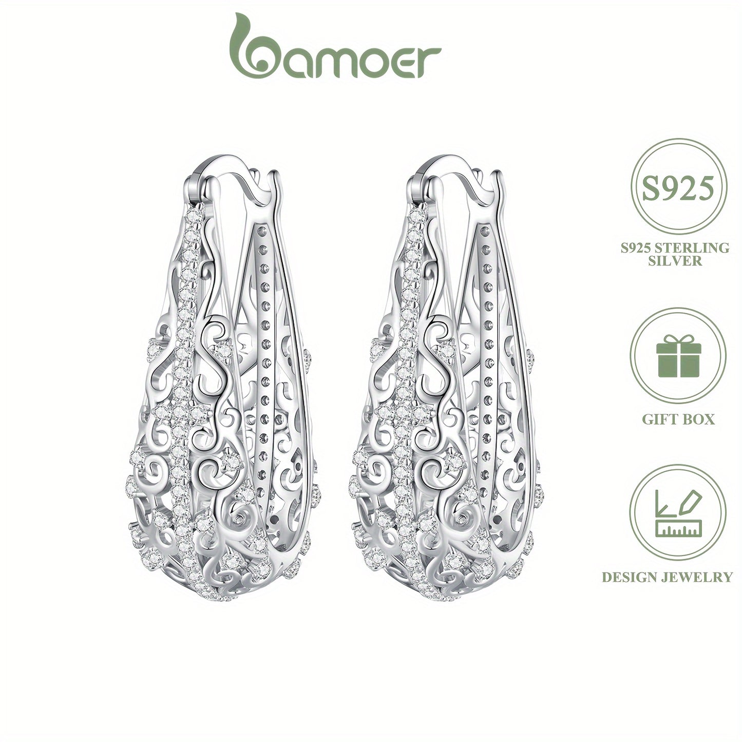 925 Sterling Silver Big Hoop Earrings - Elegant Vintage Flower Pattern Exquisite Gift